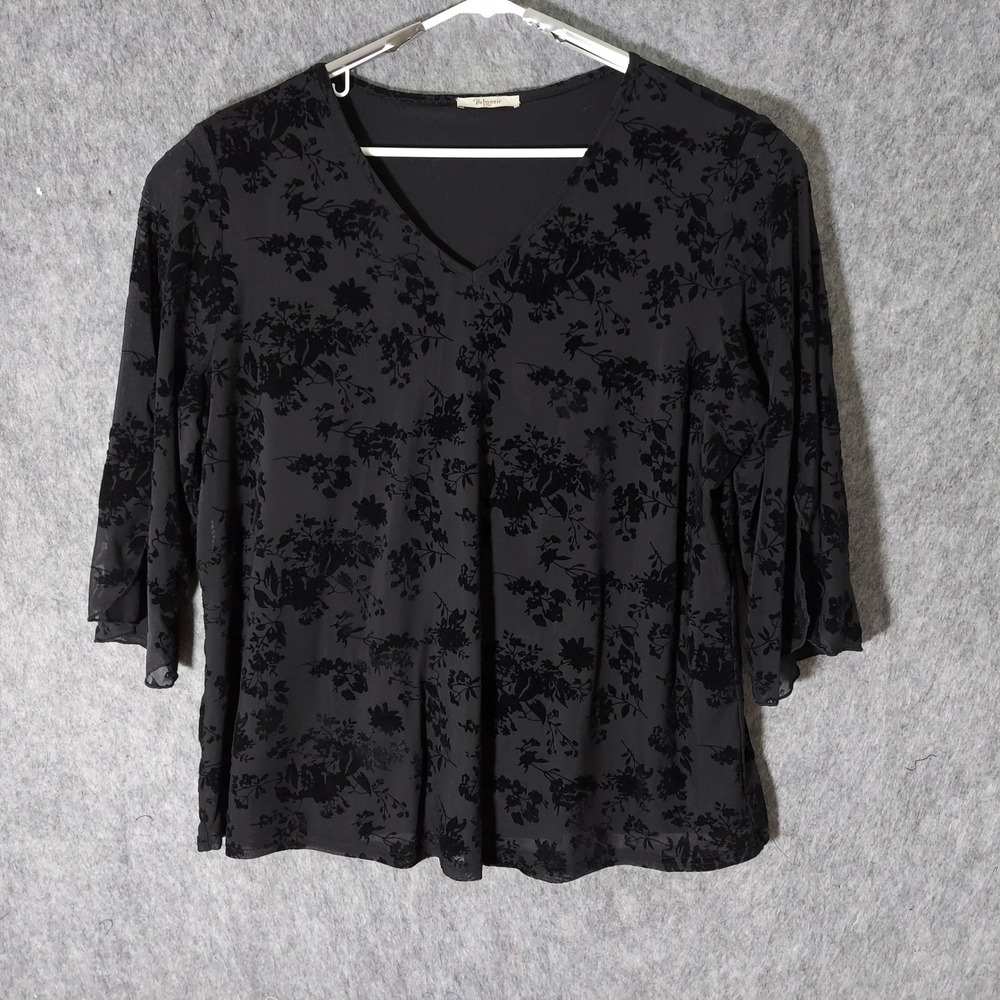 Bebonnie Women Blouse XXXL Black Retro Floral Burnout Velvet Sheer Bell Sleeve